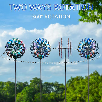 Wind Spinners Outdoor,64.2Inch 360°Rotating Crescent Windmill for Yard, Garden Wind Spinner with Blue Green Purple Gradient Blades, Weatherproof Metal Garden Decor