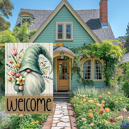 Welcome Spring Garden Flag 28x40 inch Burlap Double Sided Gnome Colorful Floral Small Summer Garden Flags Decorations For Outside Yard Home Outdoor Patio Lawn Decor (RMQ-186, 28"X40")