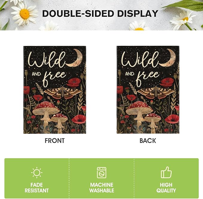 AVOIN colorlife Wild and Free Garden Flag 12x18 Inch Double Sided Outside, Mushroom Moon and Moth Yard Outdoor Flag
