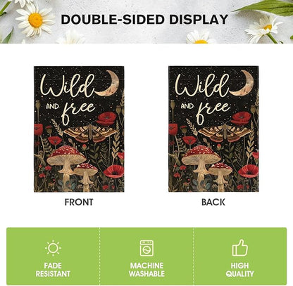 AVOIN colorlife Wild and Free Garden Flag 12x18 Inch Double Sided Outside, Mushroom Moon and Moth Yard Outdoor Flag