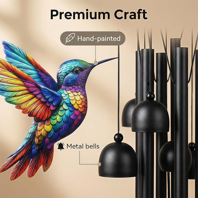 Outdoor Hummingbird Wind Chimes: Colorful Metal Commemorative Gifts of 7 Handmade Hummingbirds, Soothing Melodies in Gardens, Courtyards, and Terraces
