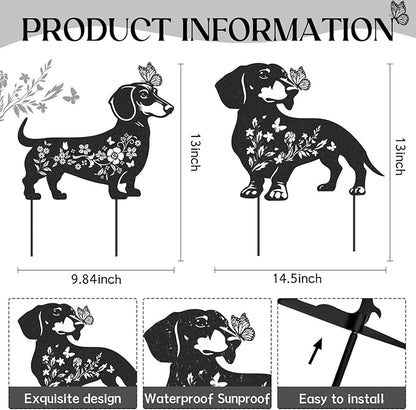 Dachshund Garden Stakes Decorations - 2 Pcs Metal Dog Lover Statues Set Decor for Yard Black Butterfly Gifts Silhouette Lawn Ornaments Outdoor Cute Art Flowers Patio Signs Animals Sculpture