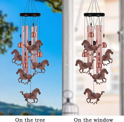 Red Copper Horse Wind Chimes - 4 Tube, 5 Horse Wind Catcher for Home, Garden, Patio, Balconies, Indoor Decoration