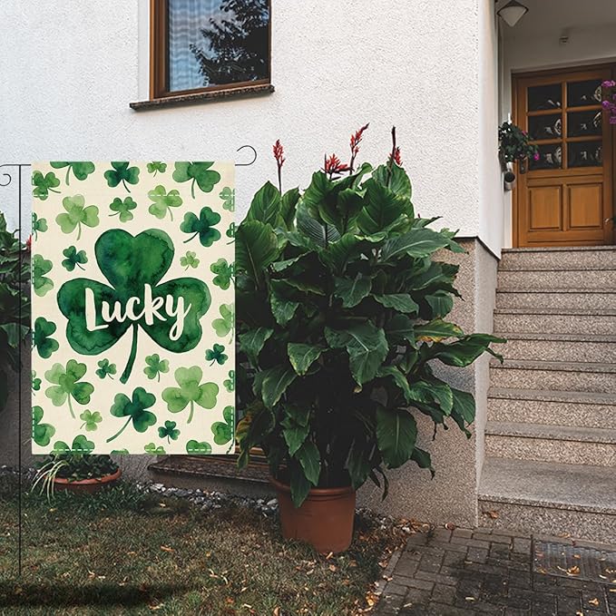 St Patricks Day Lucky Shamrock Garden Flag Irish March Garden Flag Happy St Patricks Day Double Sided Outdoor House Flag for Outside Yard Decorations 12×18 Inch