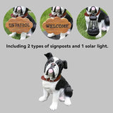Outdoor English Bulldog Dog Statue with Interchangeable Welcome sign and Detachable Solar Lantern –LED Light Garden Dog Sculpture Décor Garden Statue Outdoor dog statue Cute Puppy Yard Porch Gift