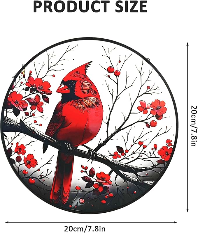 Red Cardinal Garden Suncatchers Outdoor, Cardinal on Branch Stained Glass Window Hanging for Kitchen Living Room, Birds Window Decor Birthday Gift for Mom Grandma 7.9"/20cm