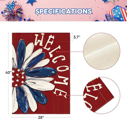 AVOIN colorlife Patriotic 4th of July House Flag 28x40 Inch Double Sided Outside, Memorial Day Red Floral Welcome Daisy Yard Outdoor Decoration