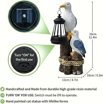 Seagull Solar Garden Outdoor Decor Statues with LED Lantern, Hand Painted Resin Animal Figurine Lights for Patio Lawn Yard Pathway, Unique Coastal Gifts for Women Mom Grandma