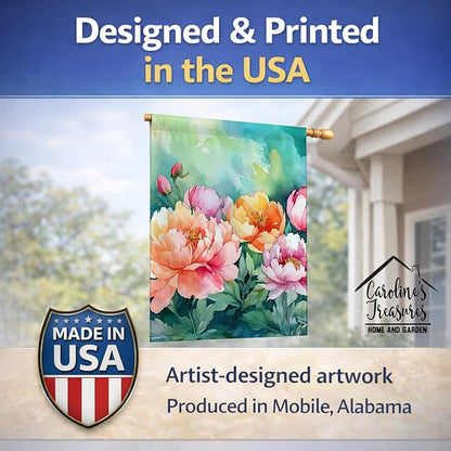 Caroline's Treasures Indiana Peonies in Watercolor House Flag Large Porch Sleeve Pole Decorative Outside Yard Banner Artwork Wall Hanging, Polyester, House Size, Multicolor