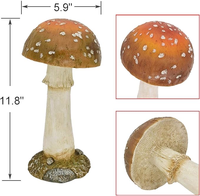 Mushroom Decor Outdoor Garden Statue - Garden Gnome's Favorite Garden Decoration Patio Decor (11.8", Brown)