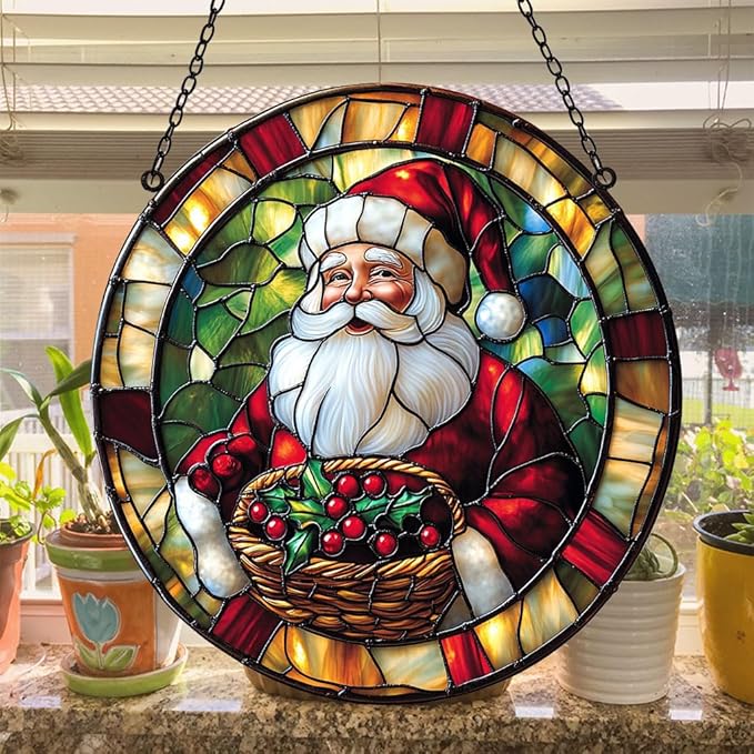 Santa Claus Acrylic Suncatcher Stained Glass Effect Window Car Hanging Christmas Ornament Indoor Outdoor Decor Garden Sun Catcher Panel for Christmas Lover for Women Mom Grandma
