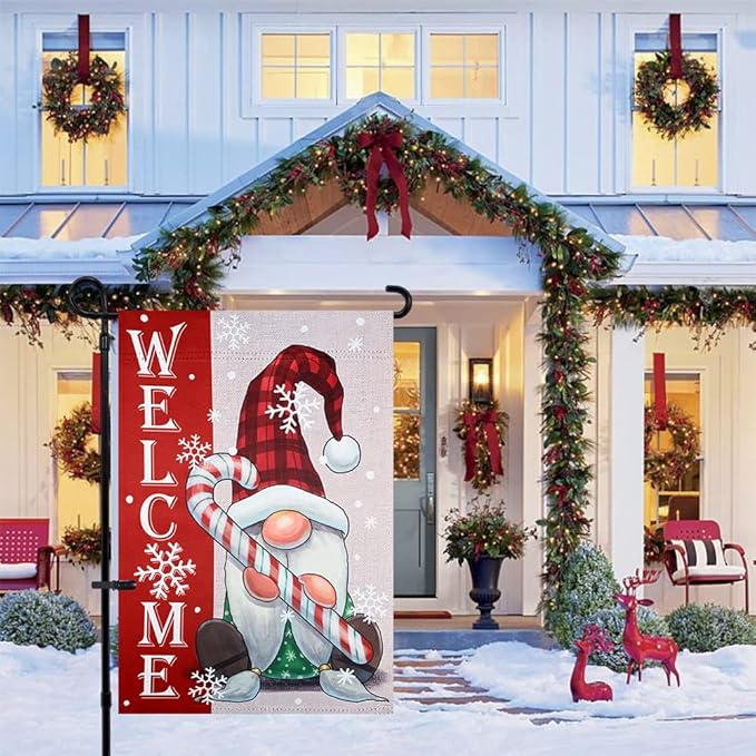 hogardeck Welcome Christmas Garden Flag, Gnome & Candy Polyester Outdoor Christmas Decorations, 12x18 Inch Vertical Double Sided Yard Flag, Snowflake Xmas Decor