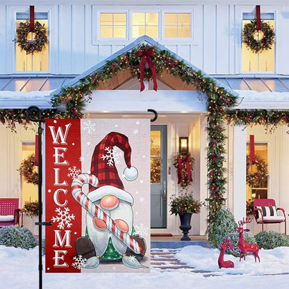 hogardeck Welcome Christmas Garden Flag, Gnome & Candy Polyester Outdoor Christmas Decorations, 12x18 Inch Vertical Double Sided Yard Flag, Snowflake Xmas Decor