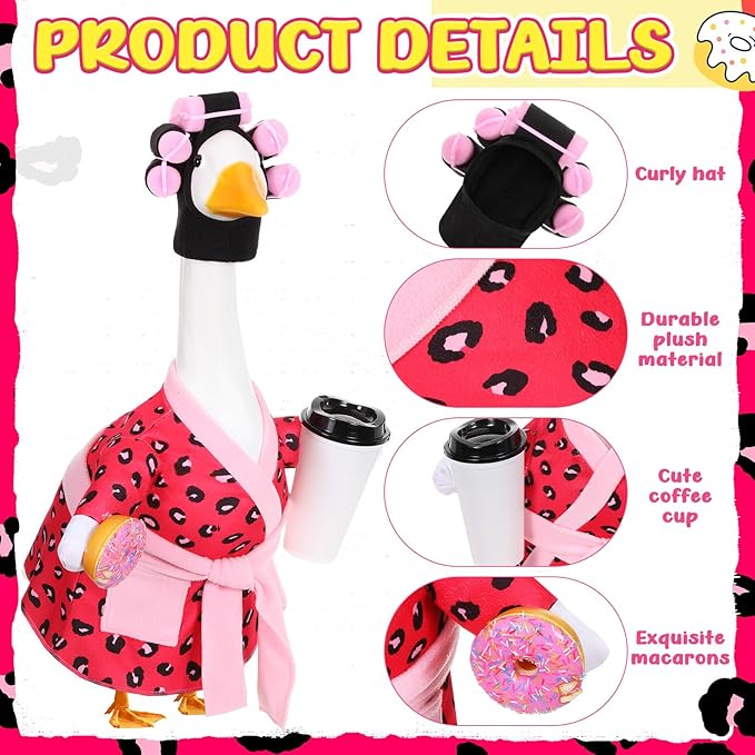 Shyyween Lady Porch Goose Outfit for 23'' Cement Plastic Lawn Goose Statue Clothes Pink Leopard Bathrobe Coffee Cup Curlers for Outdoor Garden Yard Patio Decoration