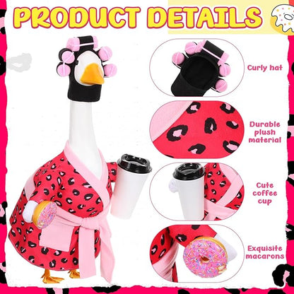 Shyyween Lady Porch Goose Outfit for 23'' Cement Plastic Lawn Goose Statue Clothes Pink Leopard Bathrobe Coffee Cup Curlers for Outdoor Garden Yard Patio Decoration