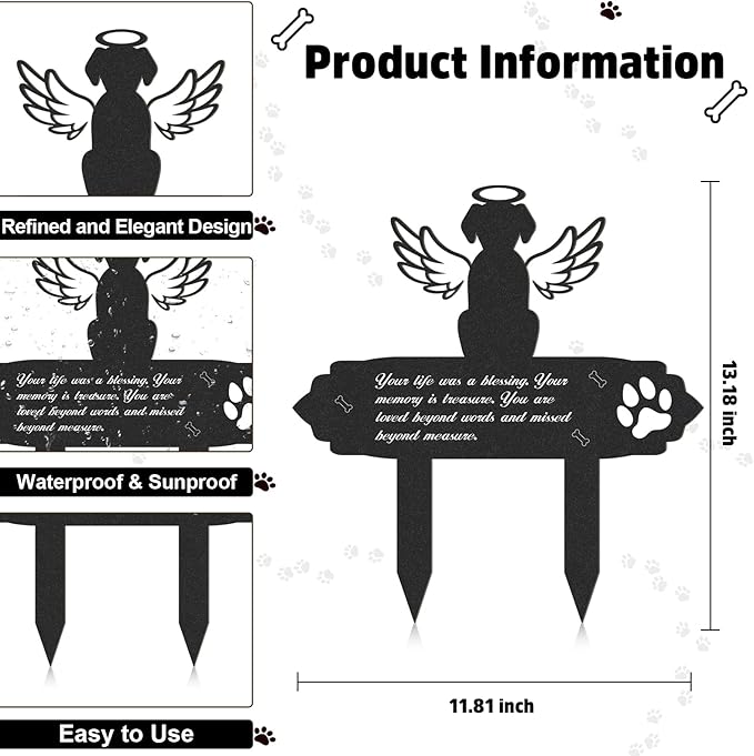 Rngmsi Dog Cemetery Decorations for Grave - Grave Garden Metal Decorations Memorial Dog Angel Wings Stakes Plaque Waterproof Black Grave Decoration Sympathy Garden Stake Markers Dog Grave Decor