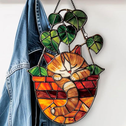 Planter Cat Window Hanging,Stained Acrylic Cat Sun Catcher for Home Office Wall Window Decor