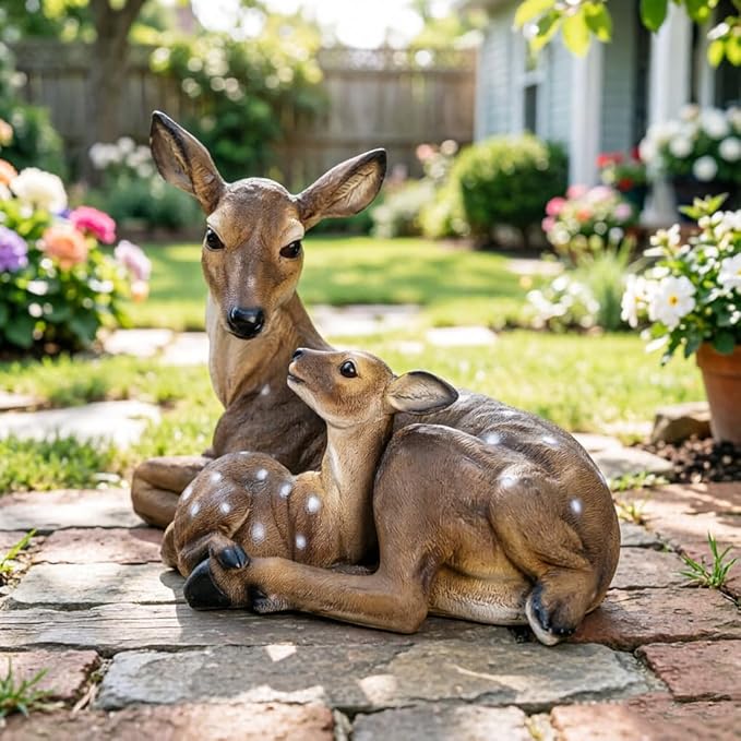 14.9 Inch Mother & Fawn Deer Statue Decoy, Outdoor Garden Lawn Ornament for Yard Patio Christmas Decor, for Female Garden Enthusiasts