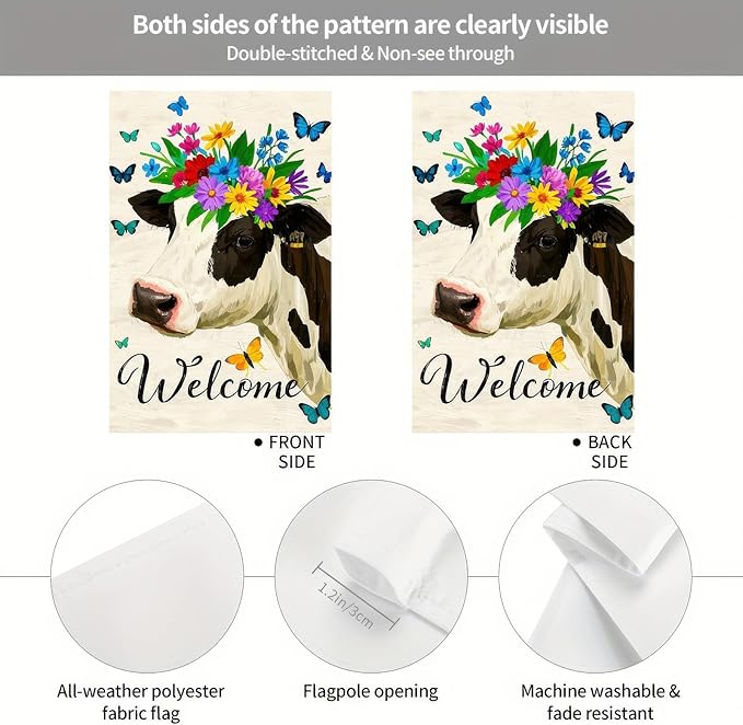 BlissYard Welcome Spring Garden Flag Double Sided 12x18 Inch Cute Cow Seasonal Welcome Small Flags For Outside Outdoor Decor Yard Farmhouse Holiday Spring Summer Decorations Yard Flags