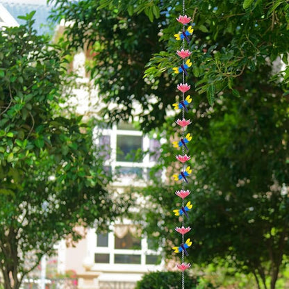 10ft Lotus Rain Chains for Outside, 12-Cup Rain Chain Replacement Downspout for Gutters,Eaves, Drainage, Adjustable Length(Pink)
