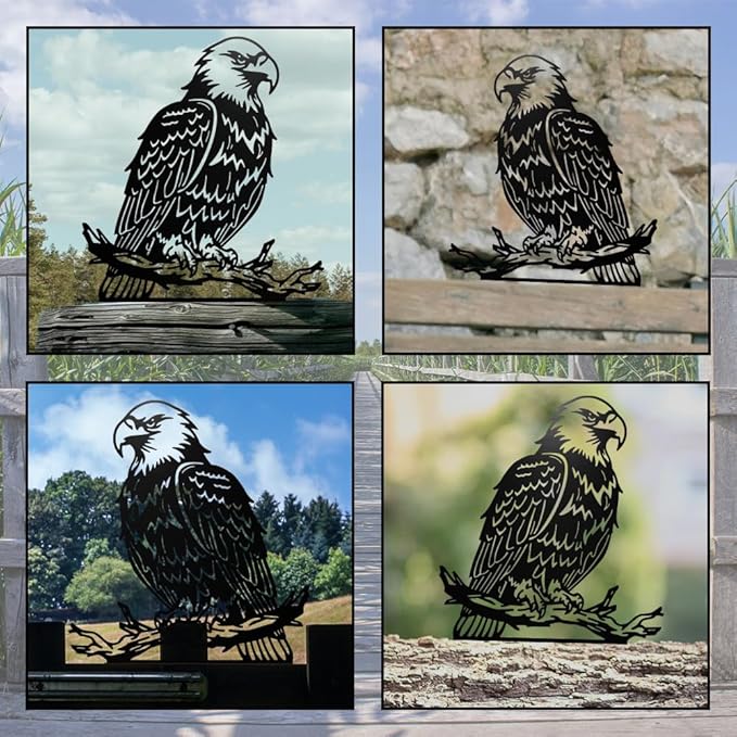 WADORN Eagle Metal Garden Yard Art Decor, Bird on Branch Iron Decorative Garden Stakes Wild Animal Black Silhouette Outdoor Fence Decor for Tree Wall Ornaments Yard Art Outdoor Decor Garden Decor