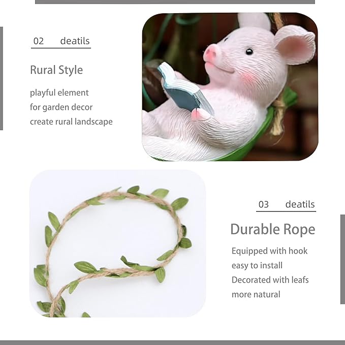 Hanging Hammock Swing Pig Figurine Statues for Garden Decor, Sleeping Reading Pig Tree Hanger for Yard Garden Indoor Outdoor Home Decoration