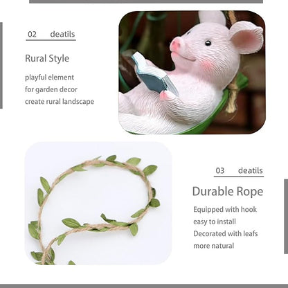 Hanging Hammock Swing Pig Figurine Statues for Garden Decor, Sleeping Reading Pig Tree Hanger for Yard Garden Indoor Outdoor Home Decoration