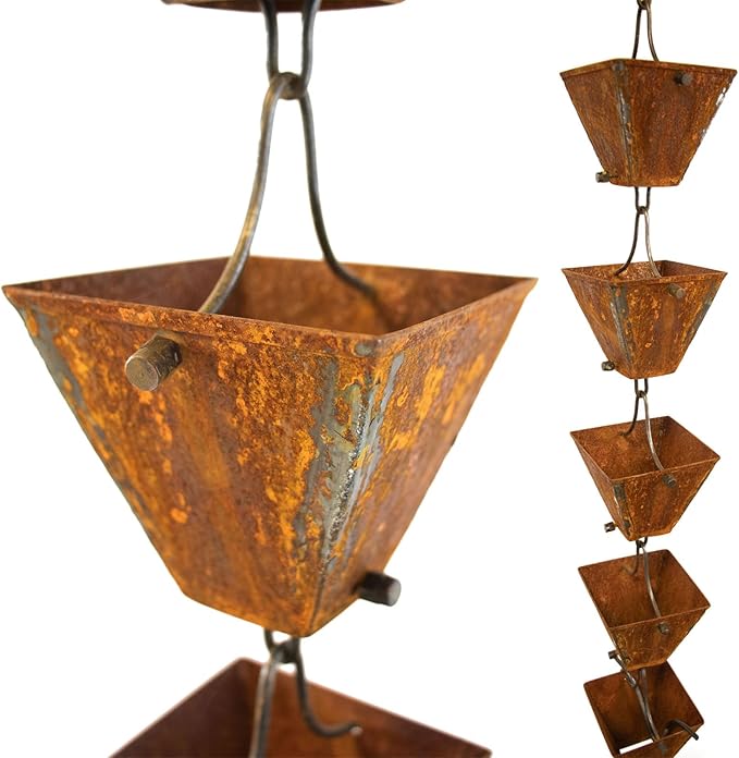 Nutshell Stores Medium Square Cups Rain Chain - Weathered Steel - 17 Feet