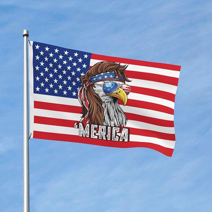 Eagle Mullet Merica Flag – 3x5 Ft Outdoor/Indoor Durable Polyester Funny 4th of July Patriotic Banner Vivid Color Fade Resistant-Sided with Brass Grommets – Bald Eagle American Banner Décor