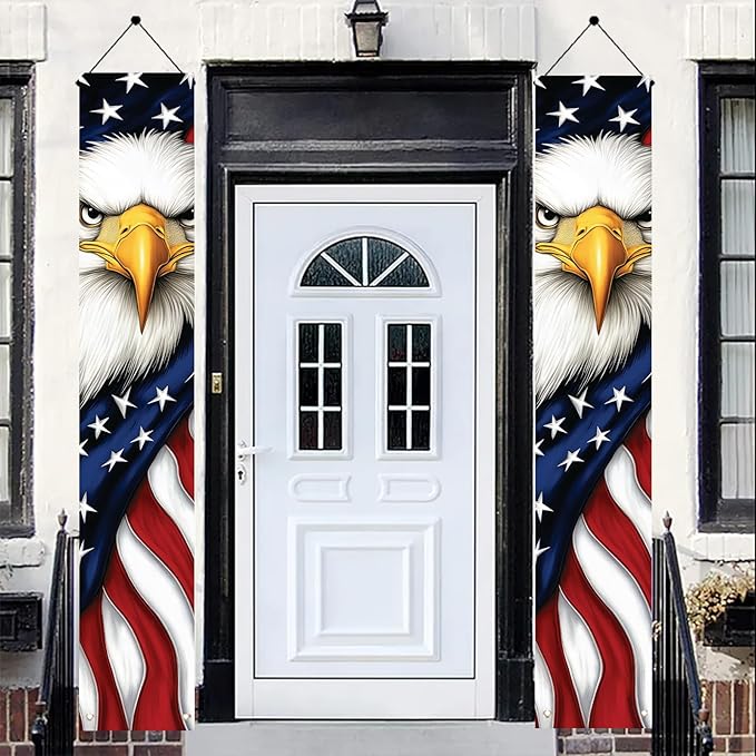 Patriotic Eagle Porch Banners 71x12 Inch American Flag Independence Day Outdoor Decorations Bald Eagle Hanging Porch Signs 4th of July Memorial Day Veterans Day Home Decor