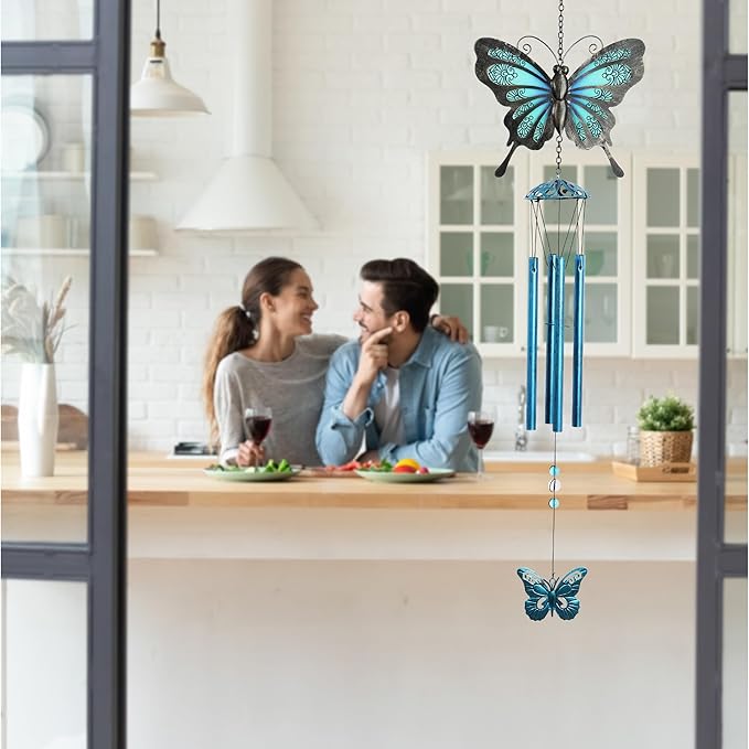 CoTa Global Rustic Blue Butterfly Wind Chime - Handmade Metal and Glass Hanging Decor, Blue and Black Garden Ornament with Copper Tubes, Indoor Outdoor Porch Patio Yard Decoration - 32 Inches