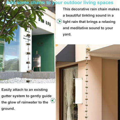 Jemeni Teapot & Teacups Rain Chain, 12 Ft Decorative Downspout Alternative, Rustic Metal Rain Water Feature with Artificially Aged Patina Finish, with Bell & 15 Hanging Cups
