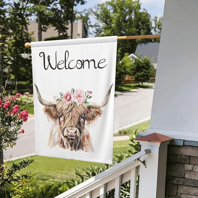 Welcome Pink Floral Highland Cow Garden Flags 12×18 Inch Double Sided Decorative Yard Banner Seasonal Flag for Outdoor Outside Decor