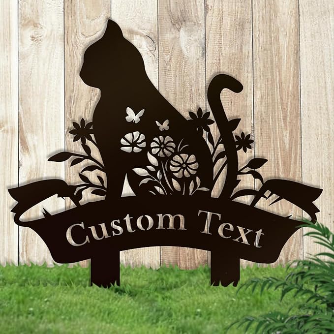 Personalized Metal Custom Garden Sculptures Statues, Yard Art,Shed, Flowerbed Decoration, Outdoor Decor, Animal Stake Pack, Cat Kitty Rabbit Bunny Dog Puppy Flower Metal Signs (Cat B)