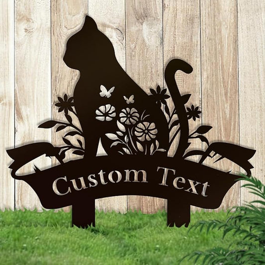 Personalized Metal Custom Garden Sculptures Statues, Yard Art,Shed, Flowerbed Decoration, Outdoor Decor, Animal Stake Pack, Cat Kitty Rabbit Bunny Dog Puppy Flower Metal Signs (Cat B)