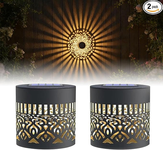 2Pcs Decorative Solar Mandala Lights, Metal Outdoor Waterproof Decorative Lights for Garden Patio Deck Steps, Solar Powered Wall Lantern for Yard Post & Front Door