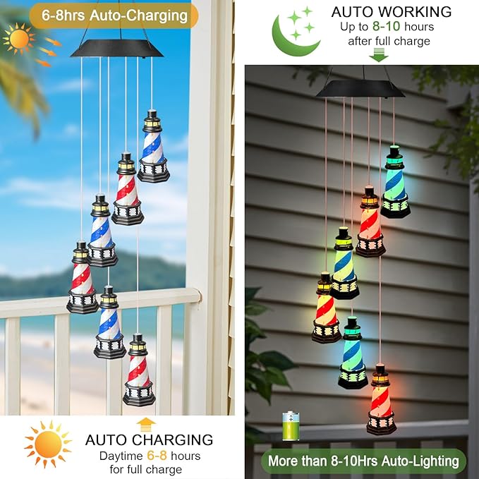Solar Lighthouse Wind Chimes,YY Gardenia Hanging Lights Outdoor Garden Decoration,Lighthouse Gifts for Women,Yard,Outside,Porch,Patio