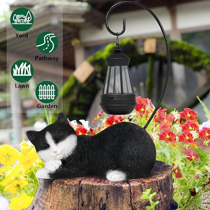 Solar Garden Statue with LED Lights - Cute Sleep Cat Sculpture, Waterproof Resin Ornament for Lawn, Patio, Yard, Balcony & Home Decor, Solar Powered Light for Outdoor and Indoor Spaces
