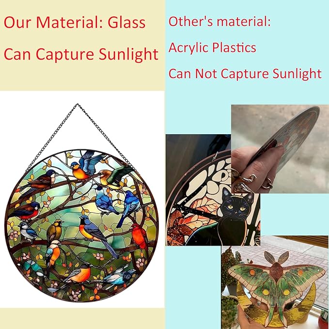 Hummingbird Pattern Suncatcher Stained Glass,Hanging Stained Glass for Windows,20cm/7.87inch Hand-Painted Sun Catcher Garden Hangings Stained Glass Panel Decor (Model 13)