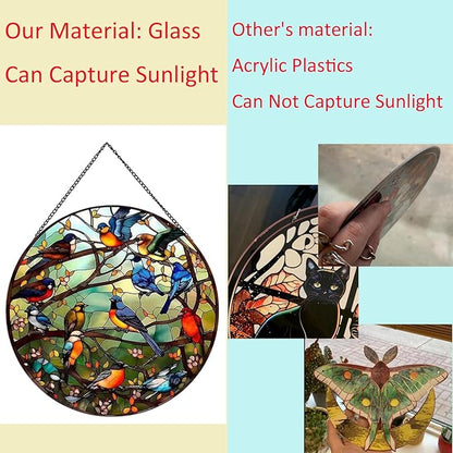 Hummingbird Pattern Suncatcher Stained Glass,Hanging Stained Glass for Windows,20cm/7.87inch Hand-Painted Sun Catcher Garden Hangings Stained Glass Panel Decor (Model 13)