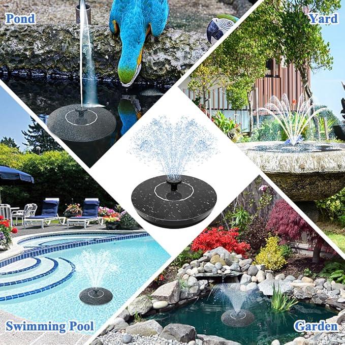 Solar Fountain Pump, Garden Bird Bath Solar Water Fountain Feature 1.5W Powered Pump Outdoor Waterfalls Freestanding with 8 Nozzles for Pond Pool Backyard Decor
