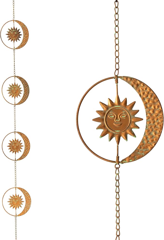 Glitzhome 8.5ft Rain Chain for Gutters 8-Piece Faux Copper Patina Finish Sun and Moon Catcher Replacement for Downpout