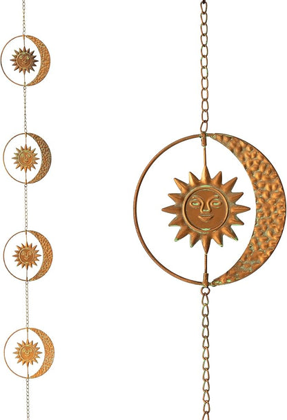 Glitzhome 8.5ft Rain Chain for Gutters 8-Piece Faux Copper Patina Finish Sun and Moon Catcher Replacement for Downpout