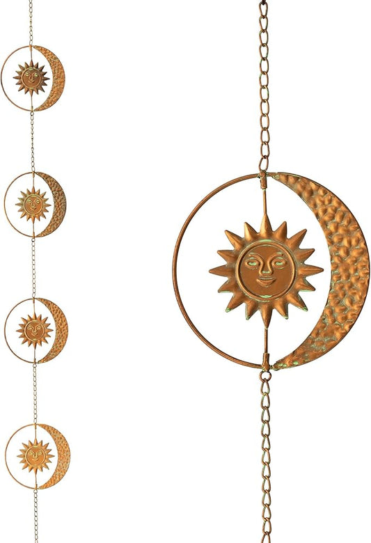 Glitzhome 8.5ft Rain Chain for Gutters 8-Piece Faux Copper Patina Finish Sun and Moon Catcher Replacement for Downpout