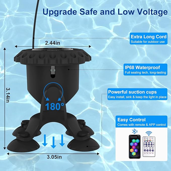 T-SUN Colored Pond Lights with Timer,LED Underwater Pond Light Submersible Fountain Lights for Fish Tank Landscape Spotlight-Smart APP & Remote Control,IP68 Waterproof,Aquarium,Yard (1 Heads)