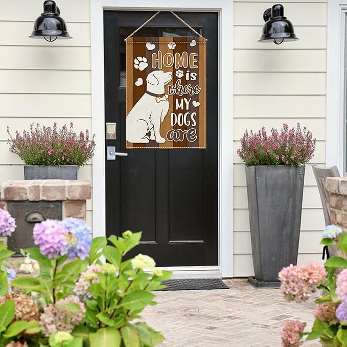 Dyrenson Home is Where My Dogs are 28 x 40 House Flag Double Sided, Pet Paw Print Garden Yard Decoration Dog Owner Lover Gifts, Farmhouse Rustic Burlap Outdoor Decor Decorative Large Flag