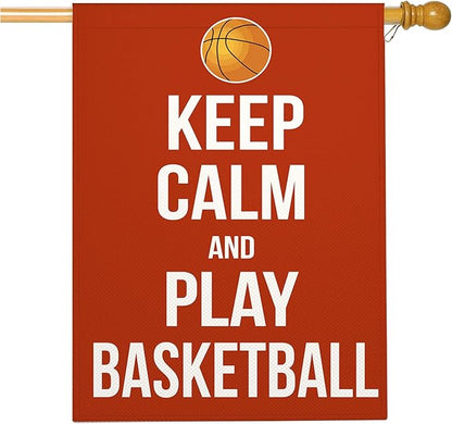 Mugod Basketball House Flag 28x40 Inch Double Sided Outside, Keep Calm and Play Basketball Motivational Quote Word Party Holiday Burlap Yard Garden Outdoor Decoration