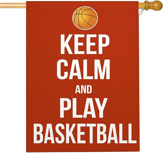 Mugod Basketball House Flag 28x40 Inch Double Sided Outside, Keep Calm and Play Basketball Motivational Quote Word Party Holiday Burlap Yard Garden Outdoor Decoration