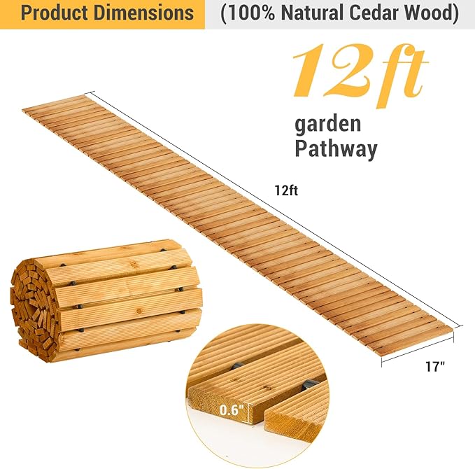 12FT Straight Wooden Garden Pathway Walkway Outdoor Roll Out Decorative Garden Non-Slip Patio Path Decorative Boardwalk Outdoor Road Floor for Backyard Beach Wedding Party