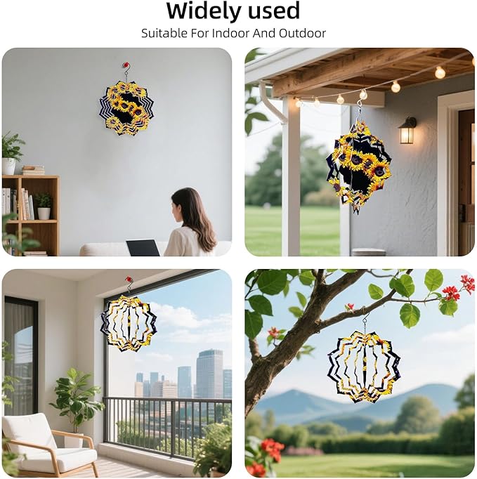 8 Inch Sublimation Wind Spinner, 3D Aluminum Metal Wind Spinner with Hook, Indoor Yard Garden Hanging Decoration, Weather Resistant Rotating Spiral Ornament, Sunflower Number 5